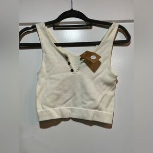 Cream Ribbed Tank Crop Top with Button Detail